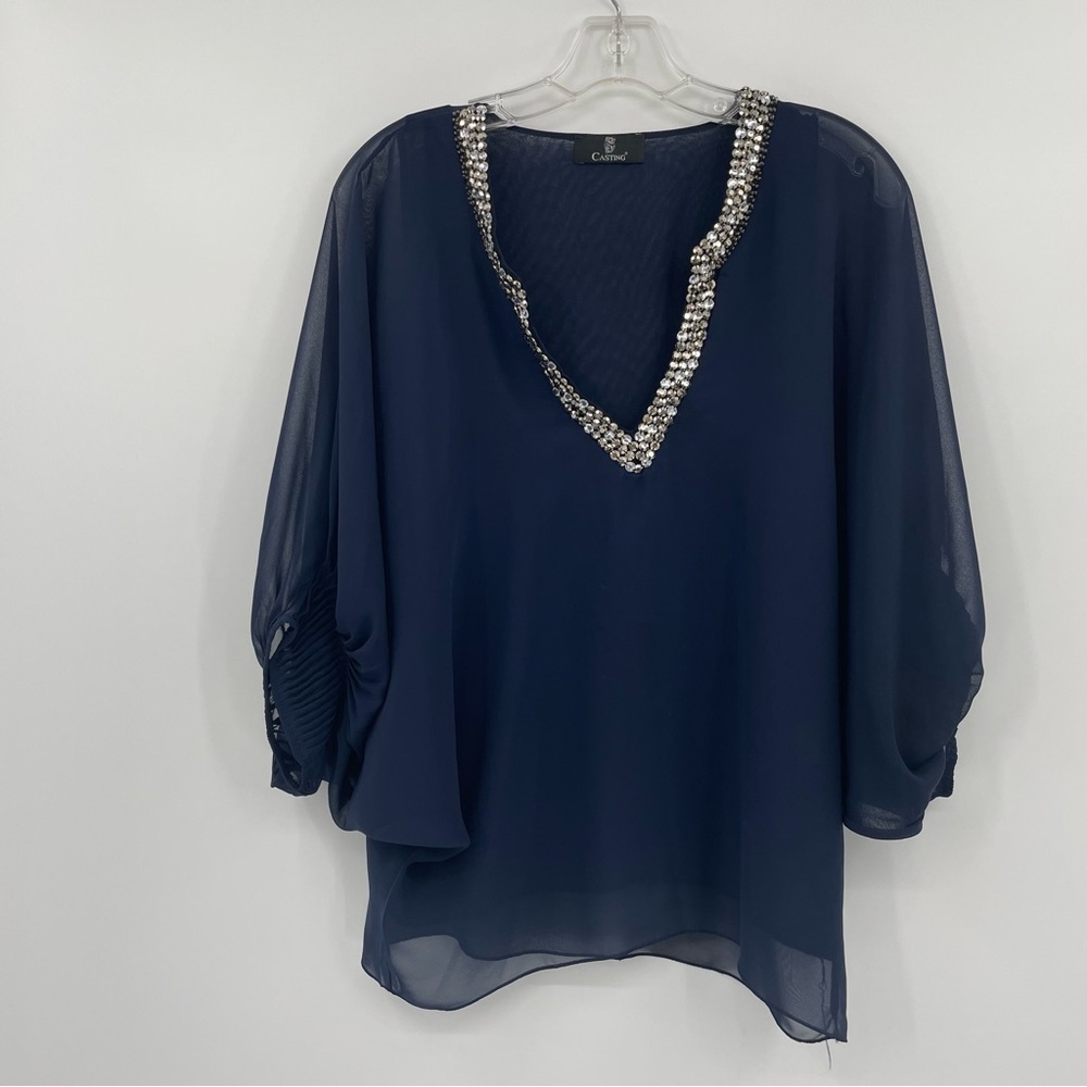 Casting Blouse - V-Neck, Jeweled Neckline, Blooming Sleeves - Blue & Silver - S